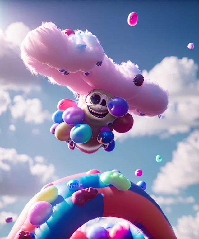 Ultra realistic clouds sky scene, wide angle, sweet childs falling down, inflatable color clothing, free jumping flying, many trinkets, monster hair, hair monster, many jelly beans, balls, smile, happy, circus style, extreme, wind, clouds sea, 20,000 feet altitude, stratosphere, soft color, highly detailed, unreal engine 5, ray tracing, RTX, lumen lighting, ultra detail, volumetric lighting, 3d, finely drawn, high definition, high resolution.