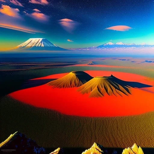 Kilimanjaro, Tanzania,aerial view,extremely detailed digital painting, high resolution,8k, realistic, beautiful, volumetric lighting, mystical colors ,perfectly centered image, perfect composition, rim light, beautiful lighting,masterpiece, stunning scene, raytracing, anatomically correct, in the style Van Gogh and robert e howard and Ken Kelley and Ohrai Noriyoshi and Simon Bisley and tomzj1.