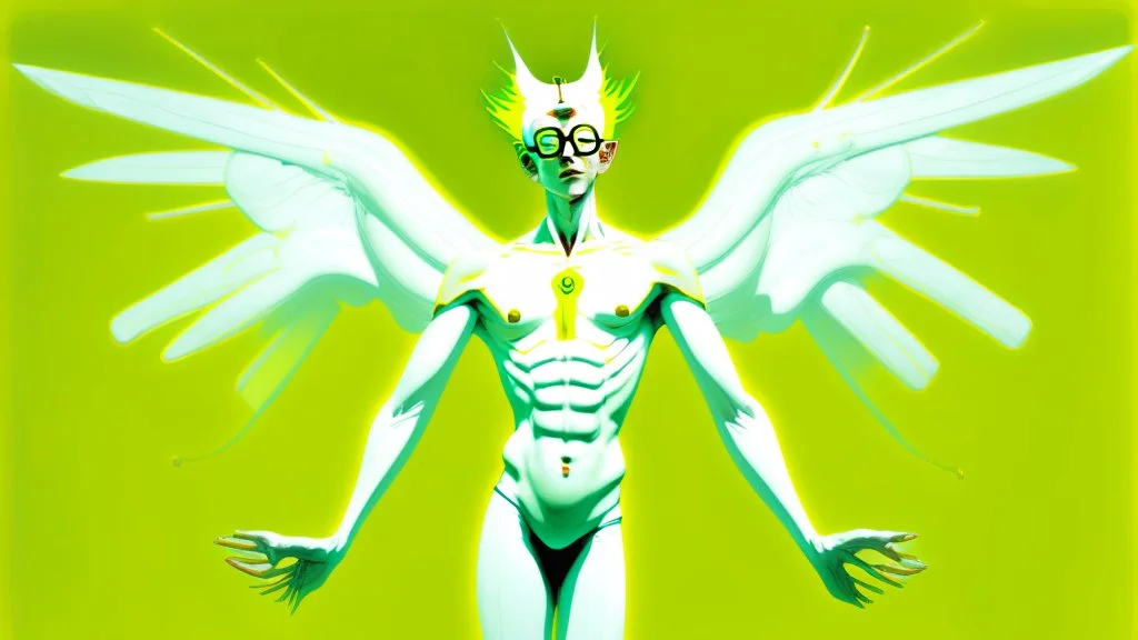 A surreal humanoid figure with white skin, green hair styled into a tall point, wearing glasses, with a transparent torso revealing internal organs, white wings on the back, holding a yellow figure in the lower torso, against a yellow background with a red curved line