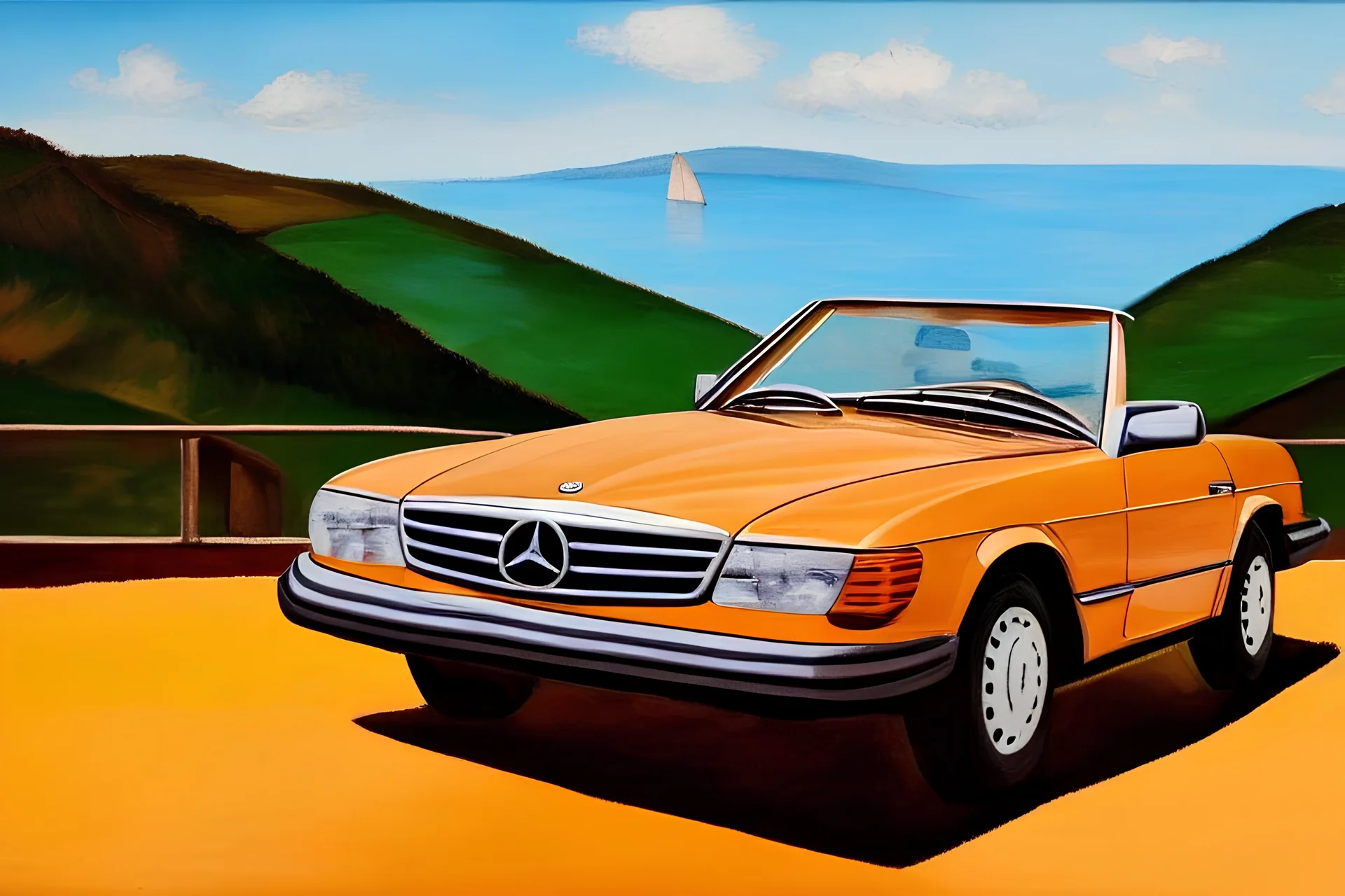 Light brown Mercedes sl 450 1985 cab,Toscana, blue skies, blue water, clear day, sun, country road, lake como, wide landscape, oil painting, cubism, picasso