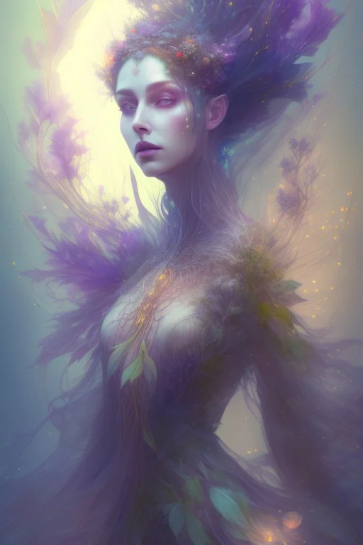 Full view portrait mystical ethereal herbs goddess wearing a beautiful dress, herbs dryad soft lighting fantasy 4k digital masterpiece by Anna dittman and Ruan Jia and Alberto seveso ultrarealistic hyperdetailed hemp background featured on artstation in candlelight