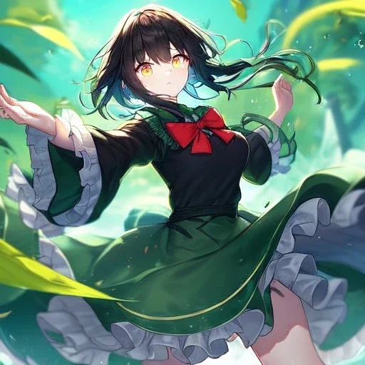 Clear focus, High resolution, Rough line, brown short hair with long locks fluffy, floating hair, glowing eyes, holding a sword, wearing a green leaf in her hair, wearing dark green skirt with a white line, wearing a red bow and a black sleevless shirt, cut frilled sleeve at top, sleeve have a ribbion at the end, wearing black fingerless gloves