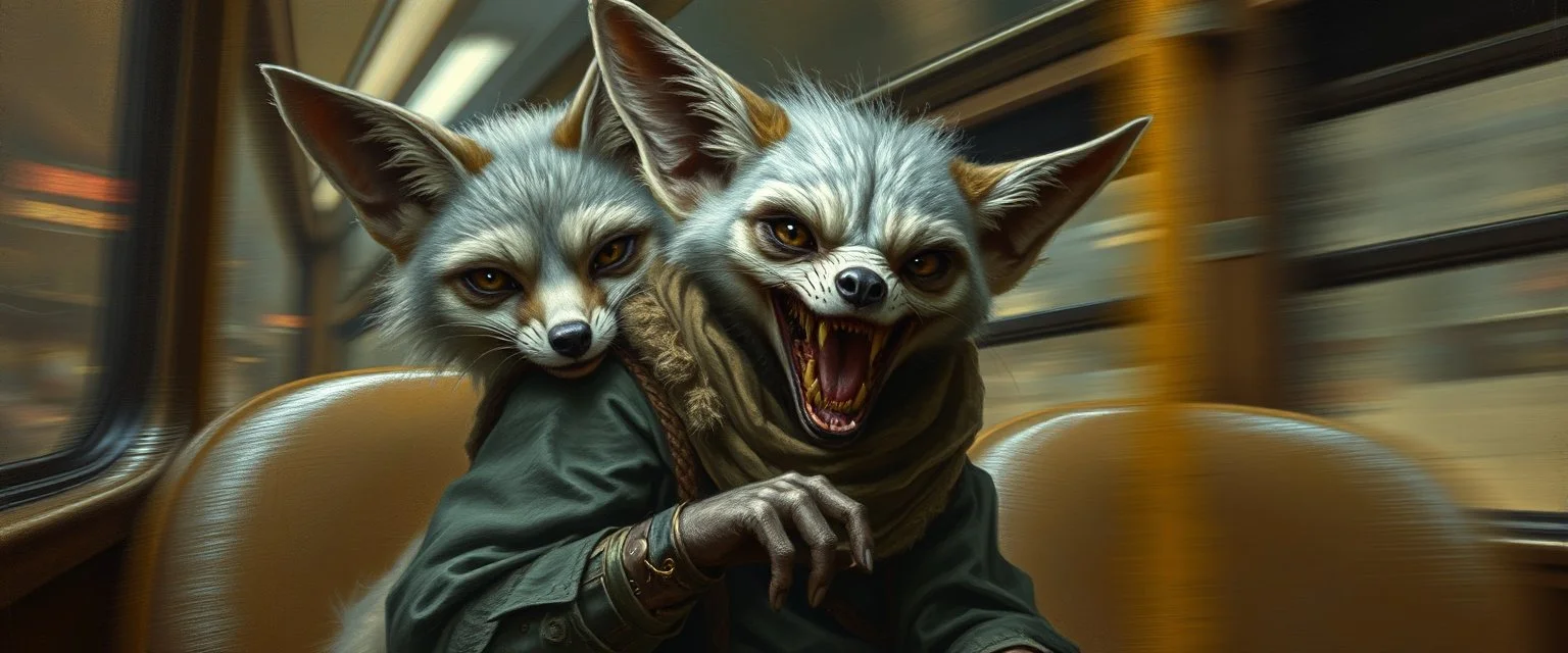 master oil painting by Rembrandt, scary ai sami grey fox gremlin woman on buss , motion blur background