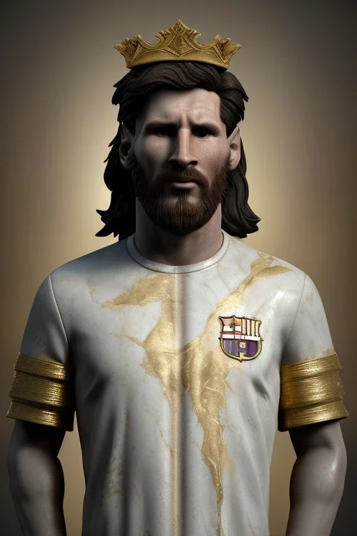 Realistic image, lionel Messi Roman sculpture made in marble with gold veins, gold laurel leaves crown, gold ornaments, Renaissance style, sun rays background, waist up portrait, epic, celestial, cinematic lighting, God lights, 4k resolution, smooth details, soft lighting, unreal engine 5, art station, substance 3d.