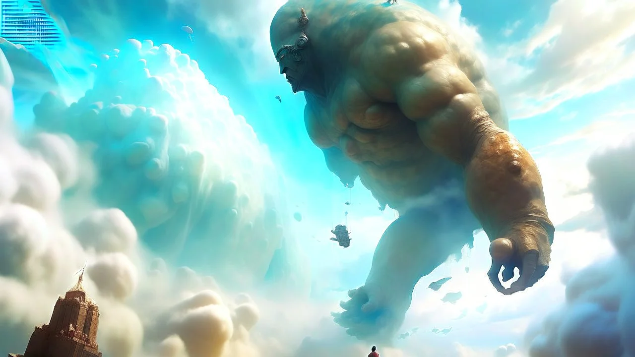 Fantasy digital illustration: colossal giant falling from the sky