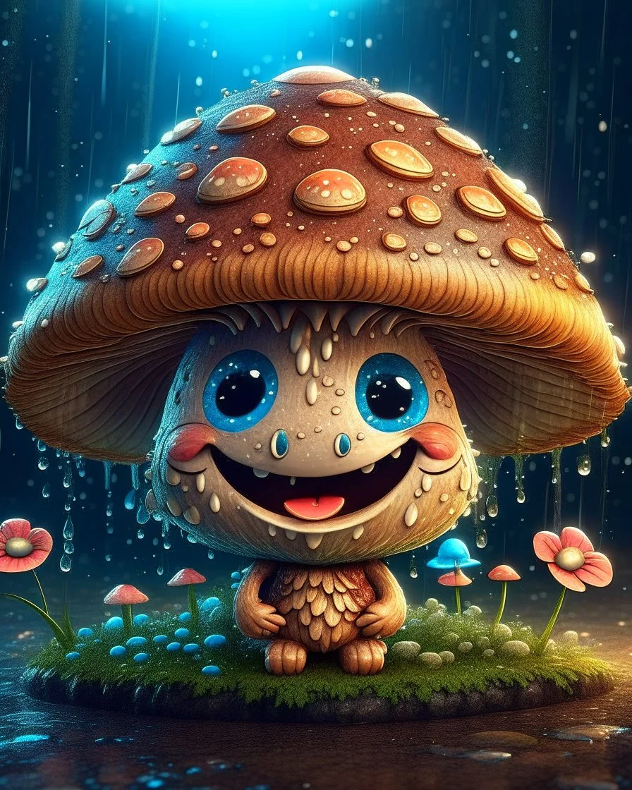 Magical cute mini kawaii mushroom with smiling face, Liquid Structure, Flying Petals, Sparks, Lightning, Splash, Portrait Photography, Fantasy Background, Intricate Patterns, Ultra Detailed, , cartoon style, Complex Details, Intricate Details, 16k, HDR, High Quality, Trending On Artstation, Sharp Focus, Studio Photo, Intricate Details, Highly Detailed, By Greg Rutkowski