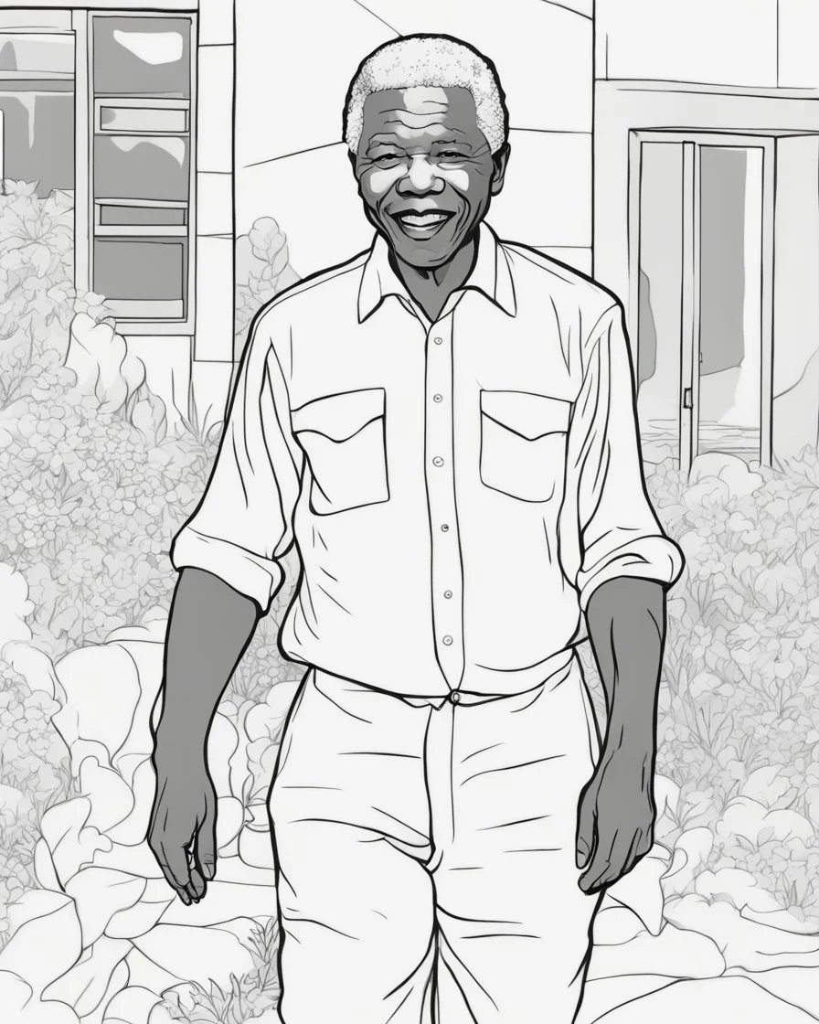 coloring page for teens, simple outlines art, outline drawing, bold outlines, clean and clear outlines, no tones color, no color, no detailed art, art full view, wide angle, white background, Nelson Mandela