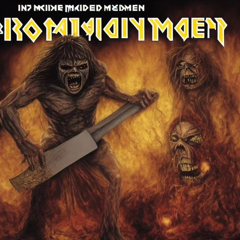 in the style of Iron maiden cover art, two minutes to midnight, eddie holding an axe, hell is the unborn