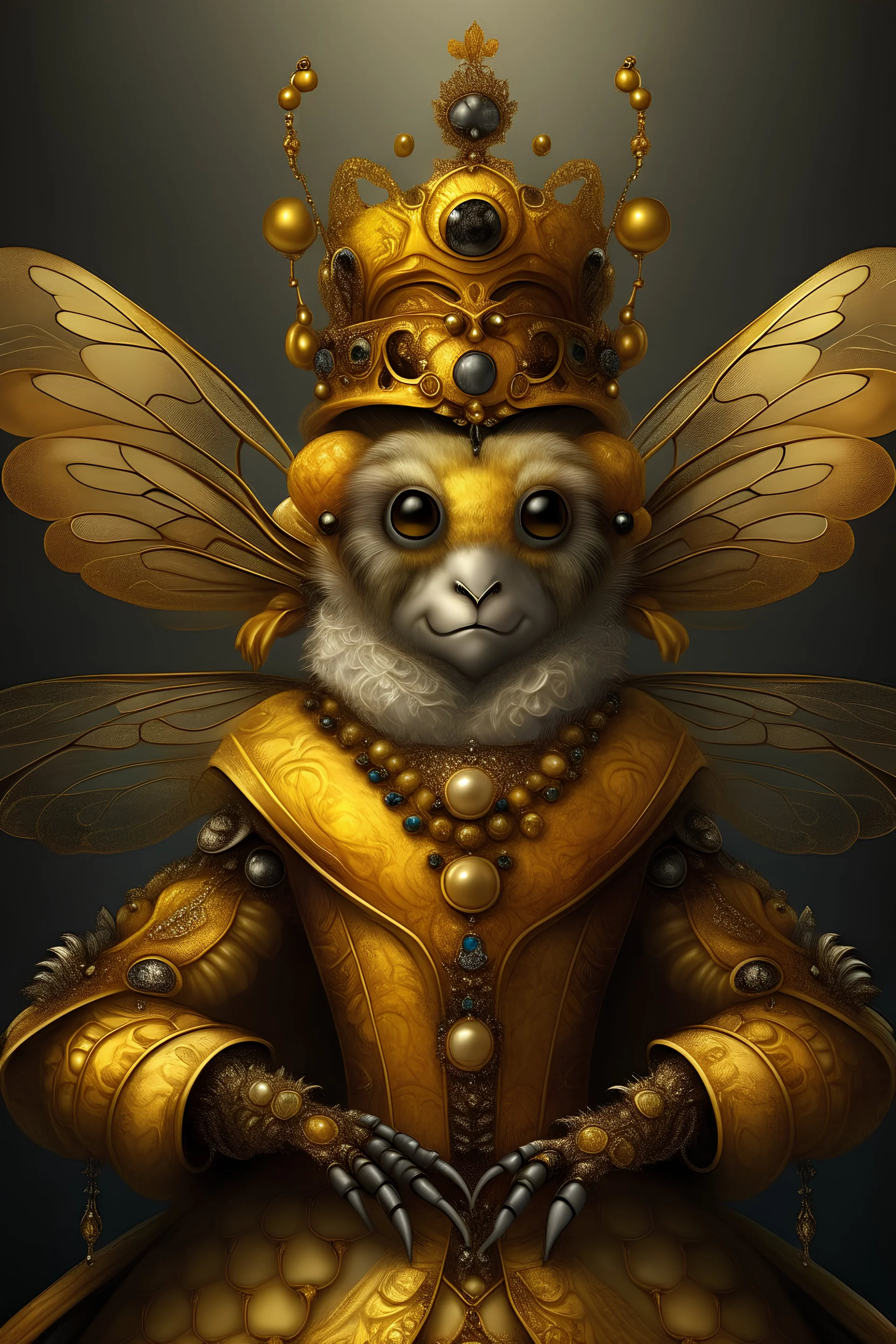 An anthropomorphic royal queen bee in regal attire, fantasy, digital art