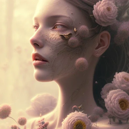 old cracked skulls, flower beautiful girl,utra realistic,highly detailed, sharp focus, insanely detailed, parallax flowers, honeybee, fantasy art, intricate detailed, elegant, fog, Special Lighting, Vibrant, color Scheme, forest, unreal engine 5, trending on artstation