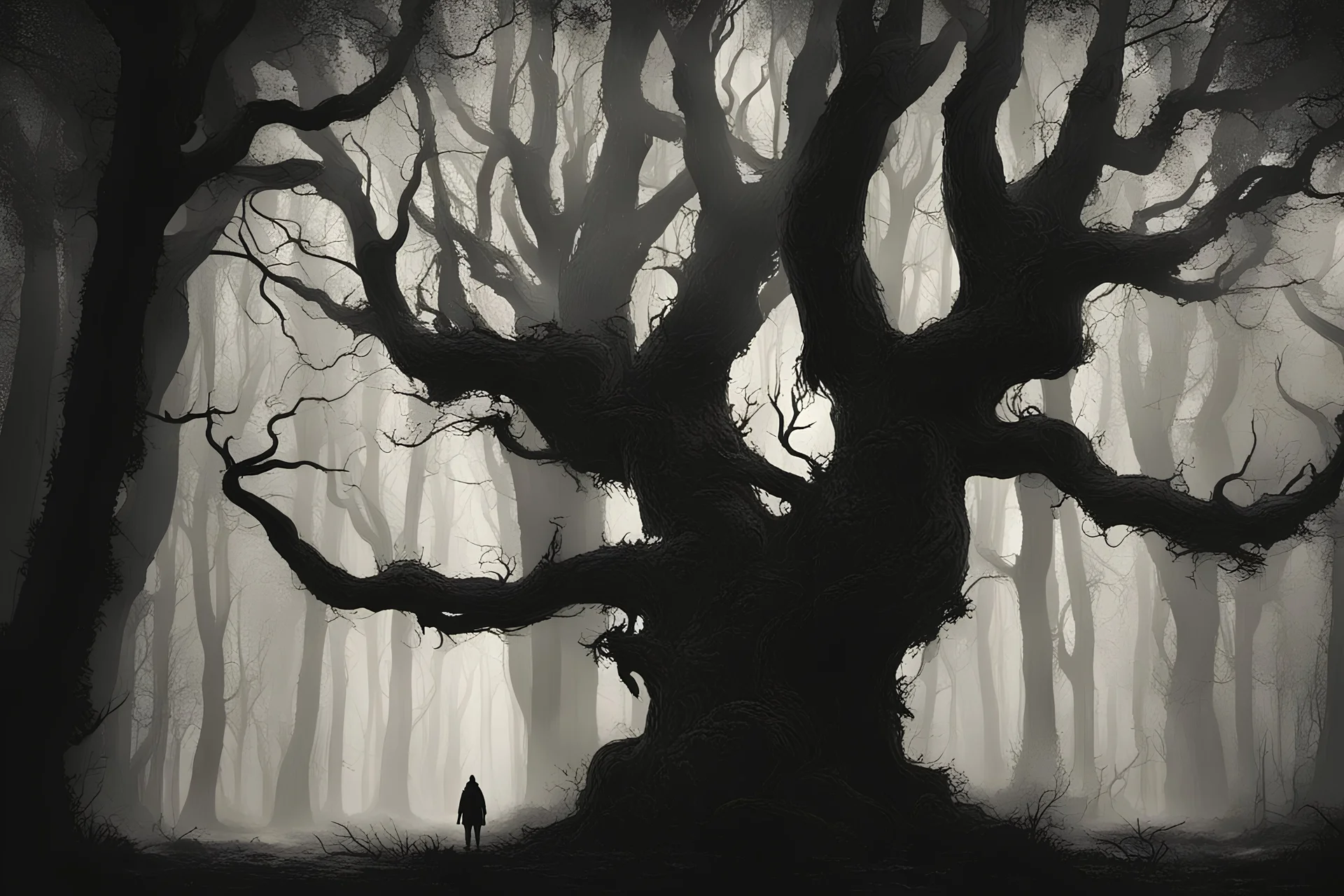 A dark forest at night, with a gloomy, oppressive atmosphere