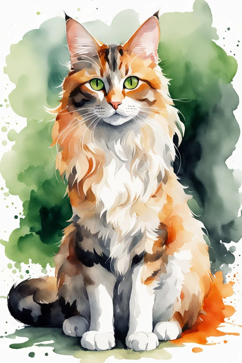 Watercolor illustration of a beautiful cat with long, wavy, thick hair, pointed ears, bright green eyes, orange, black and white colors, ultra quality, (((full body))), sitting on the floor