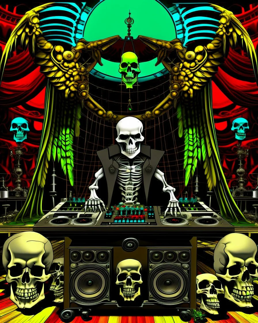 DJ of the damnded, insanely detailed DJ booth in hell, MID set, speakers and equipment made of bone, anatomically correct,