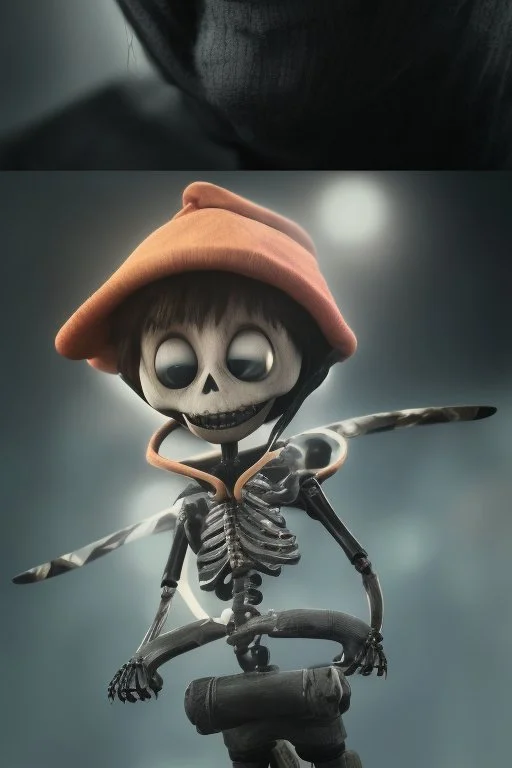 a cute animation boy, skateboarding , trendy hoody, 8 k, tim Burton skeleton style from the movie "night before Xmas", realistic animation, gothic