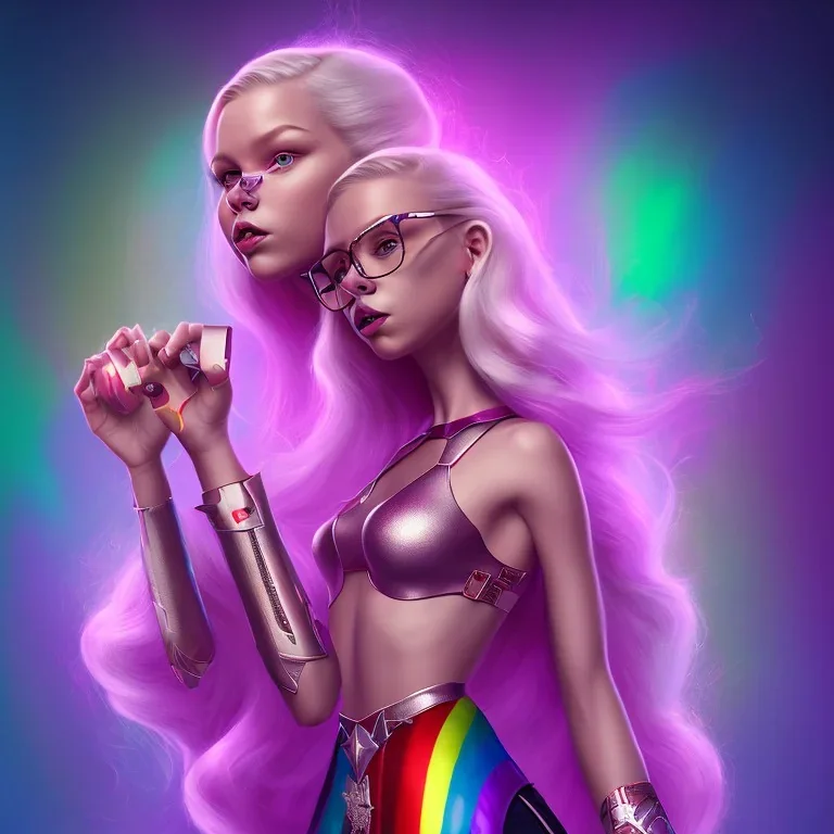 Enid Sinclair, netflix series Wednesday, claws, rainbow outfit, teenager, blonde hair with pink and purple highlights, no hands