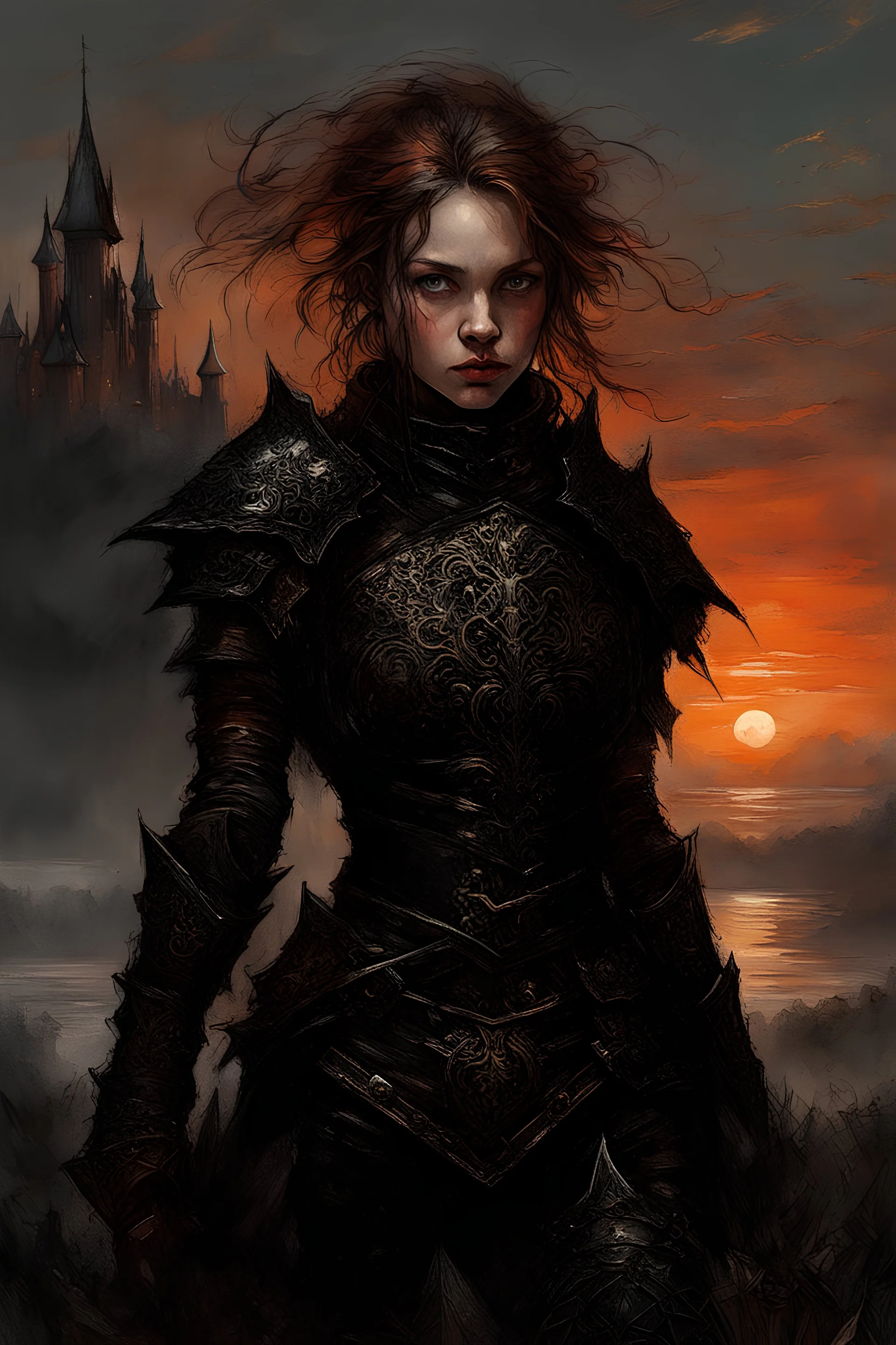 A formidable warrior girl in black armor, on the background Amazing gloomy landscape, flooded with sunset, mountains, trees, fabulous scary hero, , juicy emotions, painting, dark fantasy, gloomy day, dark world, portrait, Gothic Town At Night, Fantasy, Intricate Details, Castle Courtyard Gardens, Hyper Detailed, Jean Baptiste Monge, Carne Griffiths, Michael Garmash, Seb Mckinnon, Alex Maleev, Masterpiece