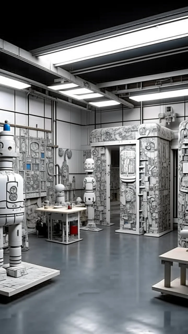 A light gray mechanical workshop designed in German folk art painted by Jean Dubuffet