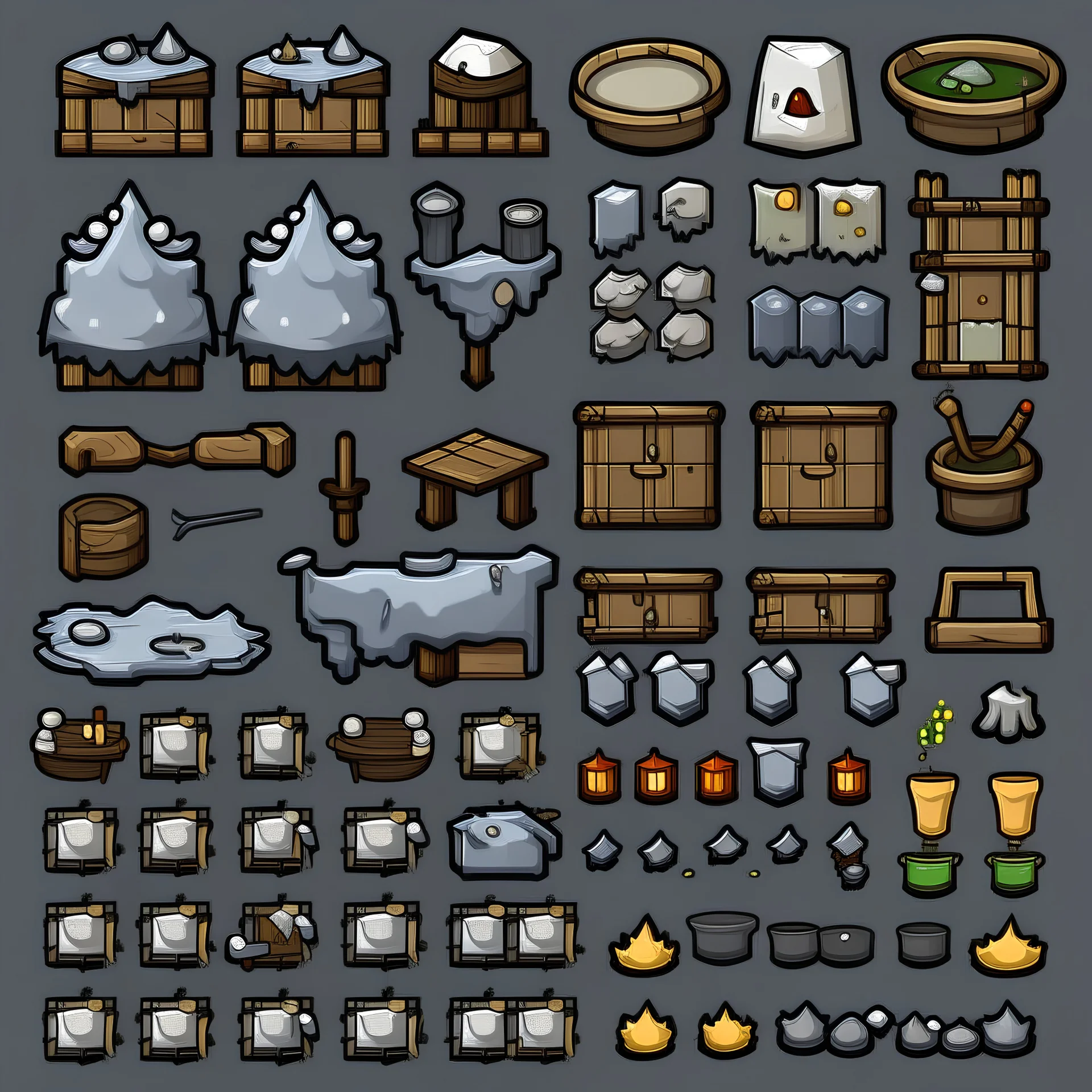 Sprite sheet, Wood, Nails, Metal scrap, Electronics, Tarps, Water, Food, Clothing, Tools, icons, survival game, gray background, comic book,
