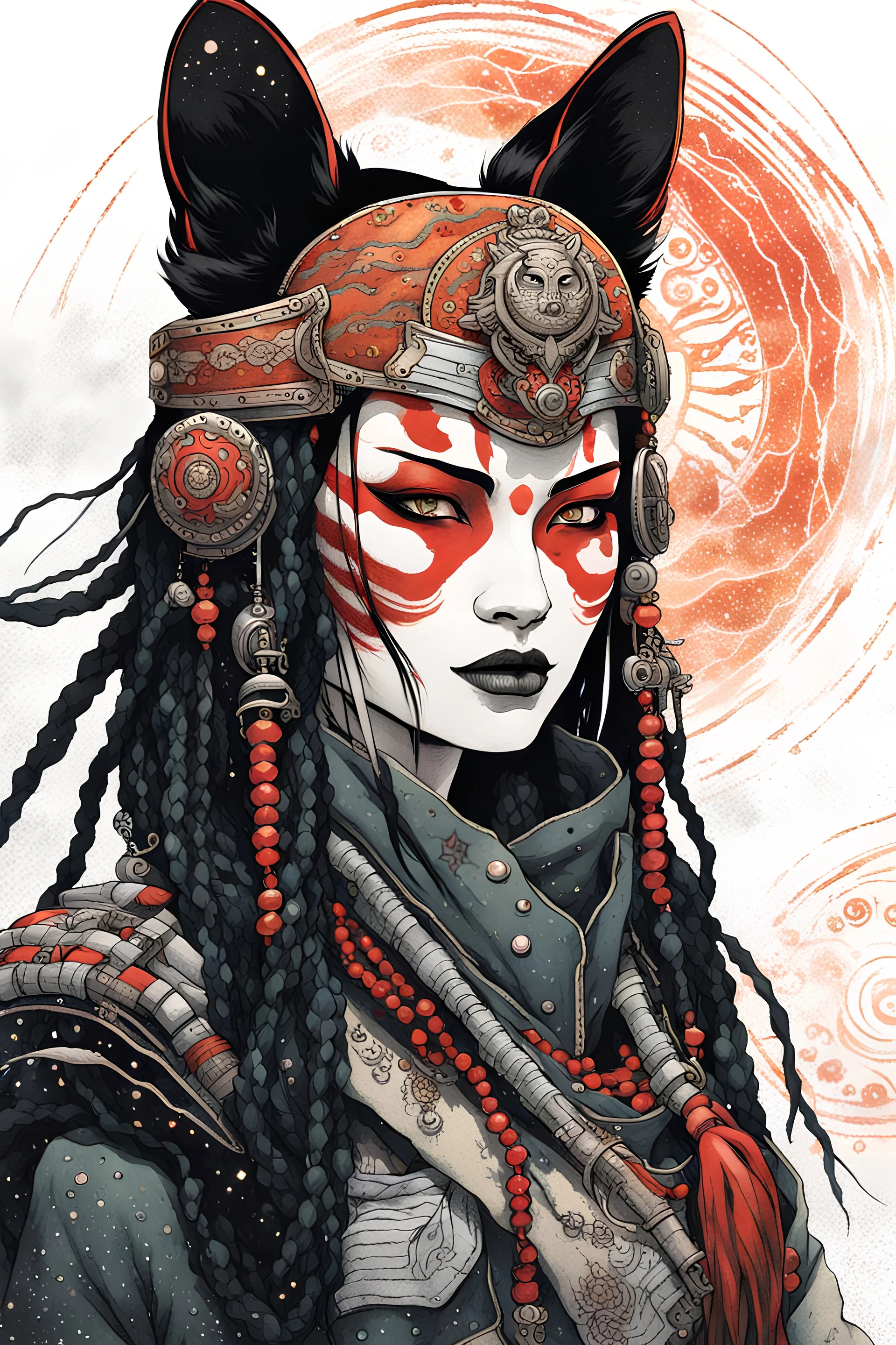 front facing portrait illustration of a gothpunk armored female kitsune vampire mercenary , beaded dreadlock hair, wearing an ancient ornate japanese kitsune mask , and shemagh, highly detailed with gritty post apocalyptic textures, caught in a cosmic maelstrom of swirling gases , finely detailed facial features and hair, in the graphic novel style of Bill Sienkiewicz, and Jean Giraud Moebius, ink wash and watercolor with realistic light and shadow