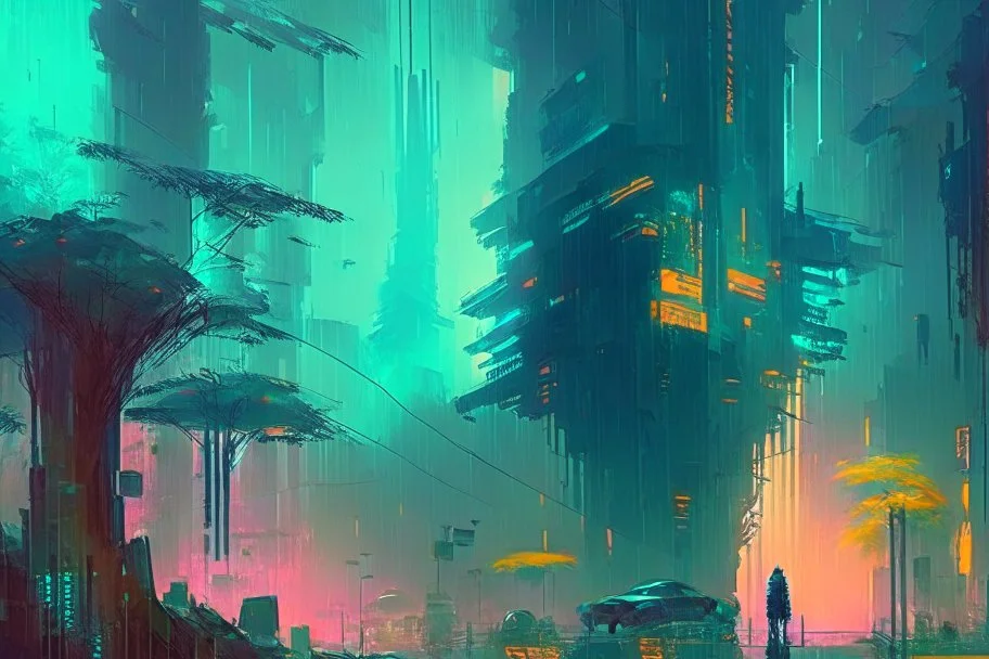 Cyberpunk City near the trees, blade runner influence, sci-fi, impressionism painting