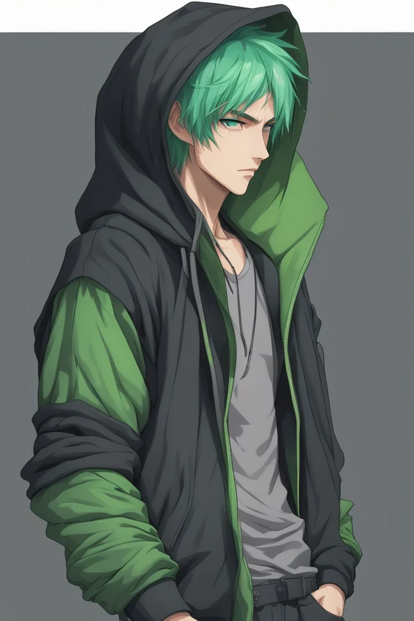 Anime man with green hair wearing a black hoodie realistic