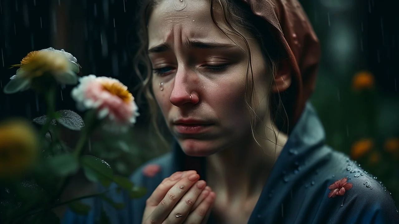 portrait of a crying woman, rain, flowers