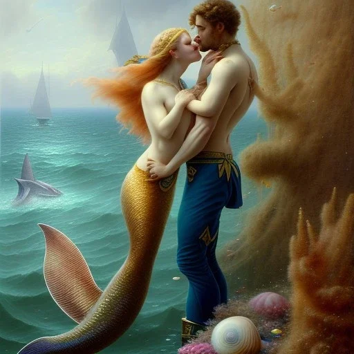 A beautiful portrait of a two mermaid couple kissing , leaning on a ships deck ,Rough sea in the background, a shark,snails, seashells (digitall art by Eugene de Blaas and Ross Tran, vibrant color scheme, highly detailed, in the style of romanticism, cinematic, artstation best quality, realistic lighting, masterpiece portrait, details light dusting , cowboy shot from above, simple chain hauberk Vector art digital illustration 3D shading )