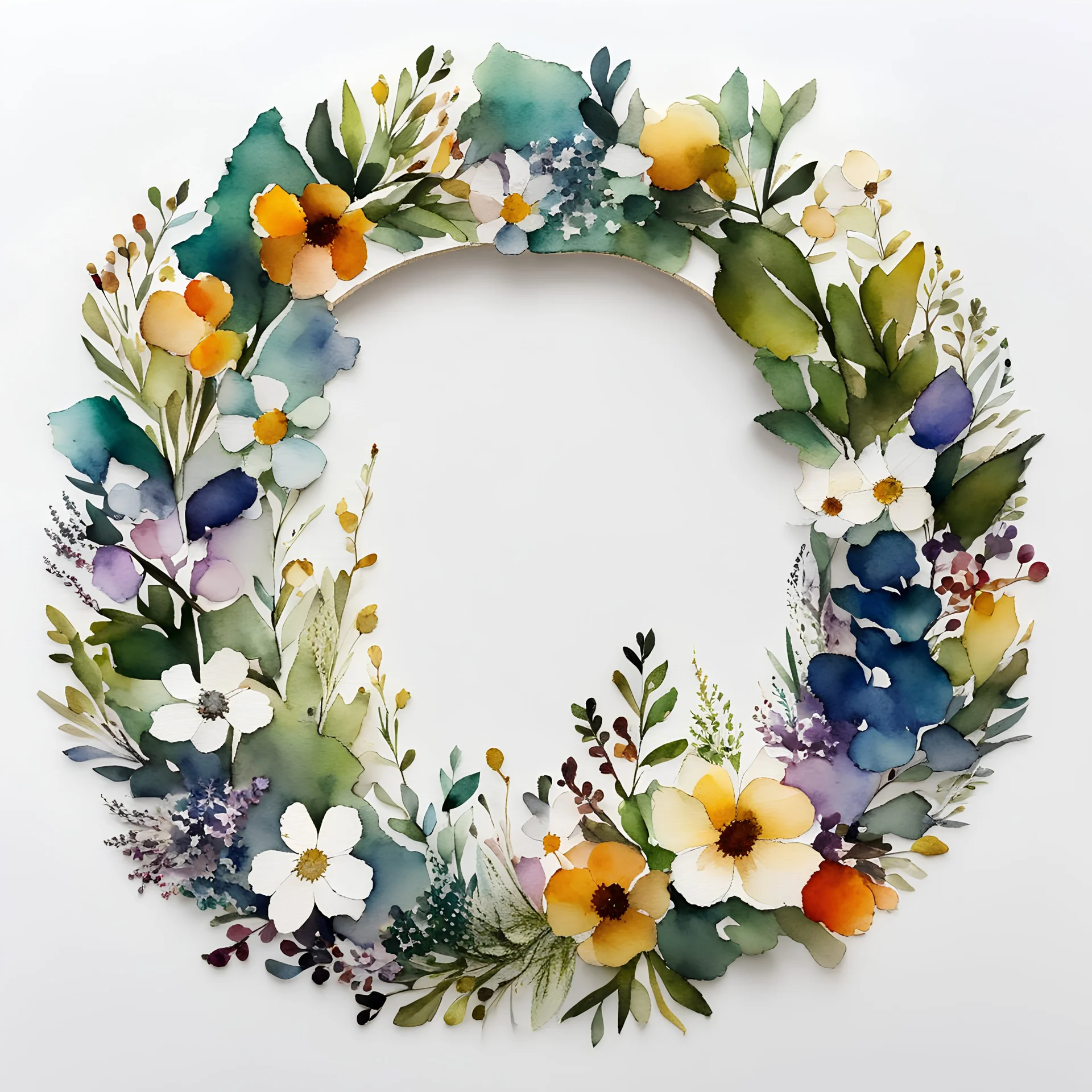 watercolor and alcohol ink, botanical, small flowers on bottom left and top right , big round wooden wreath, white inside, white background, minimal