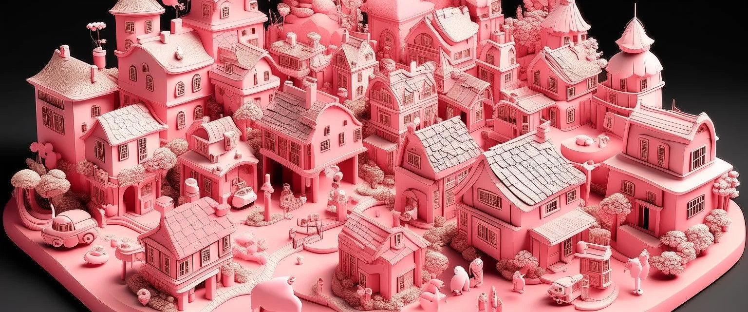 A light pink magical woolly town made out of toys painted by MC Escher