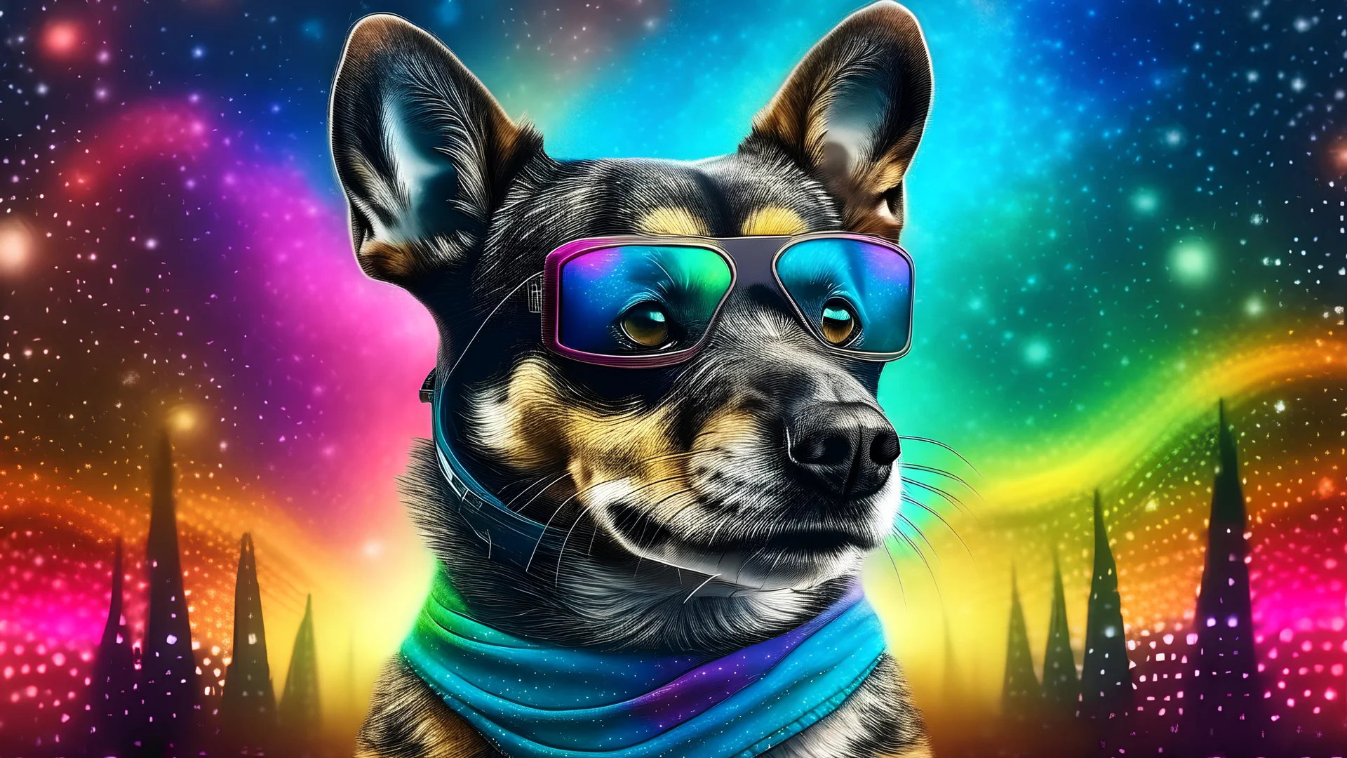 a cool dog with sunglasses walking outside under a nebula night sky. intricate details. amazing city backdrop. natural tones. hearts, rainbows