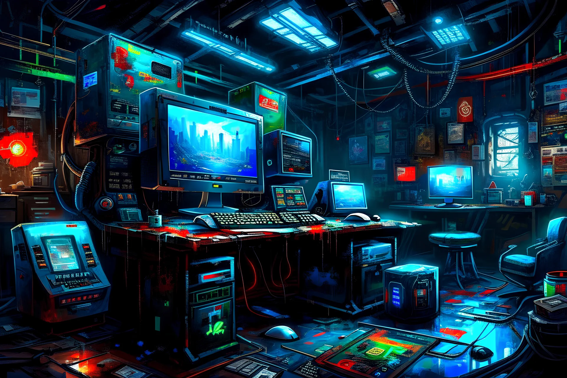oil paint of high tec design studio station heritage authentic cyberpunk relic vibrant colours
