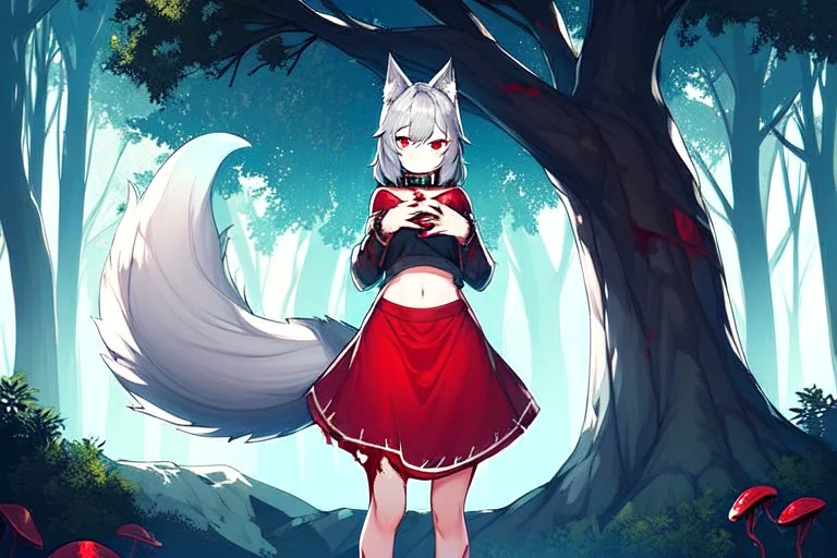 Lonely Girl, forest, gray hair, wolf ears, wolf tail, open navel, hands on chest, blushing, standing by a tree, collar on neck, very short red skirt, blood on hands, long nails, wolf hair on legs, more red eyes, glowing mushrooms on trees, big tail