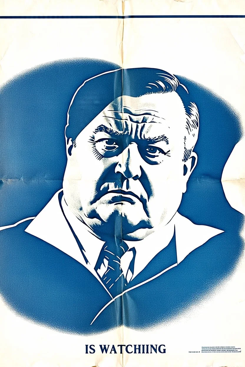 an old poster with "BIG BROTHER"(across top) "IS WATCHING"(across bottom) and the scowling face of a dictator in the middle. black and white printed poster on old paper