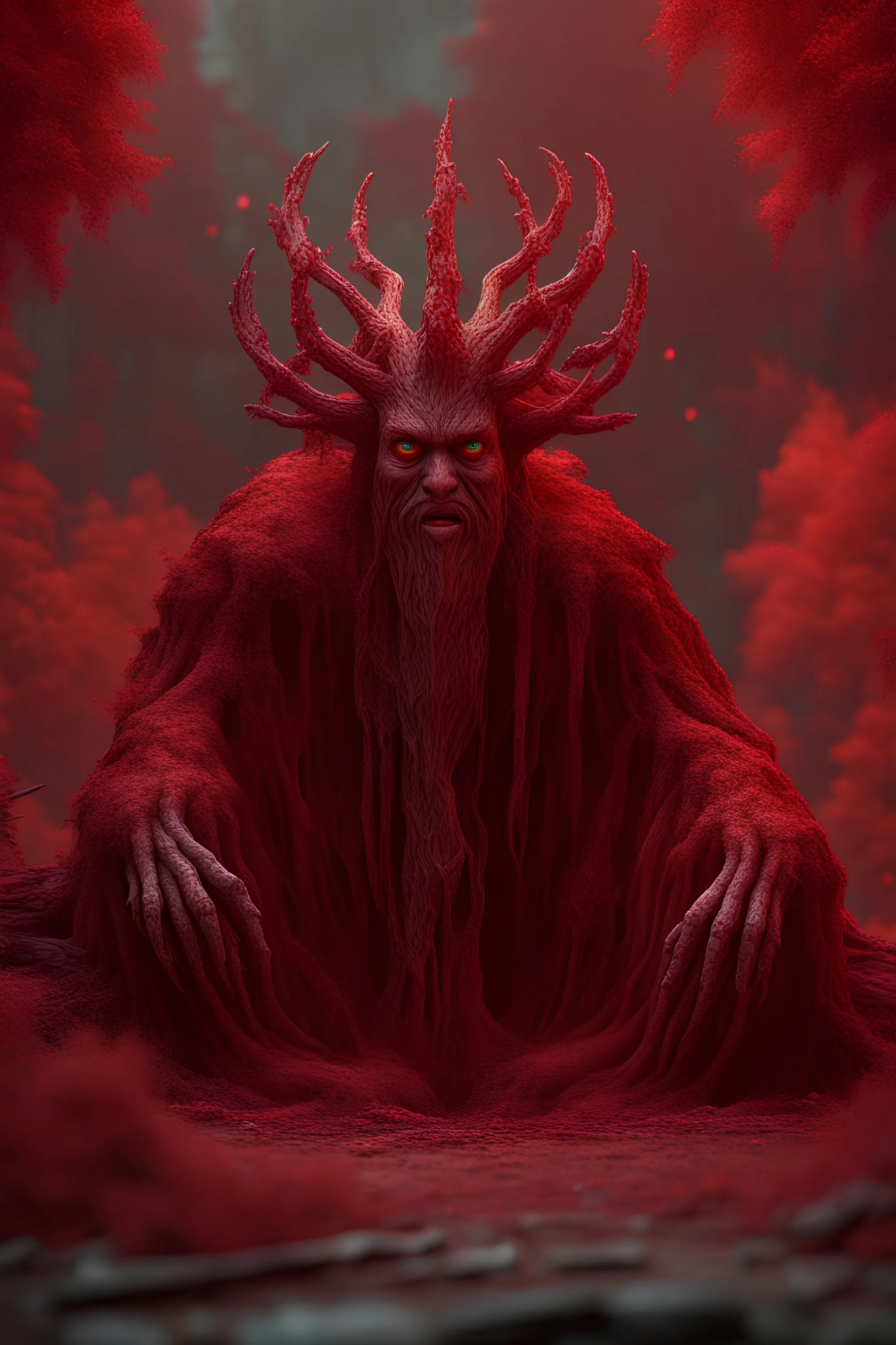 3D illustration fantasy corrupted druid with background, red crystal forest, horror illustration, smooth 3d digital art, exquisite thee-dimensional rendering, 4K, blender, c4d, octane render , disney style 3d light, Zbrush sculpt, concept art, Zbrush high detail, pinterest Creature Zbrush HD sculpt, neutral lighting, 8k detail