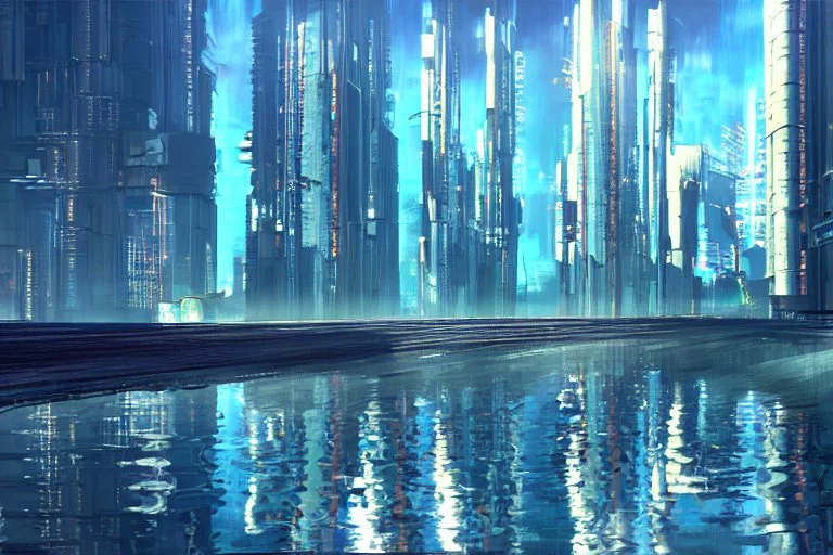 Sunny day, cyberpunk buildings, water reflections, sci-fi, concept art, tendency to impressionism, realistic painting