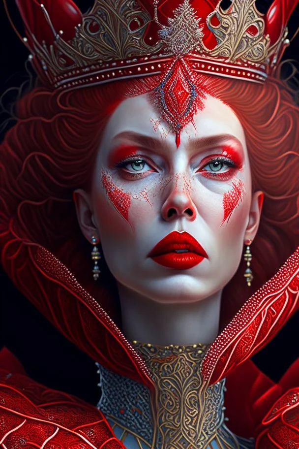 The resplendent and regal Red Queen a captivating subject depicted in a mesmerizing and intricately detailed hyperrealistic highresolution artwork has been causing a stir and capturing the attention of online art communities on popular platforms such as Artstation and Deviantart, the red queen emanates an air of captivating authority in this hyperrealistic high-resolution artwork, her every feature is meticulously depicted with intricate details that mesmerize the viewer, the artwork, trending o