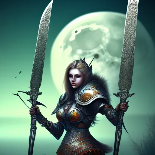 lady warrior with blade under the Moon