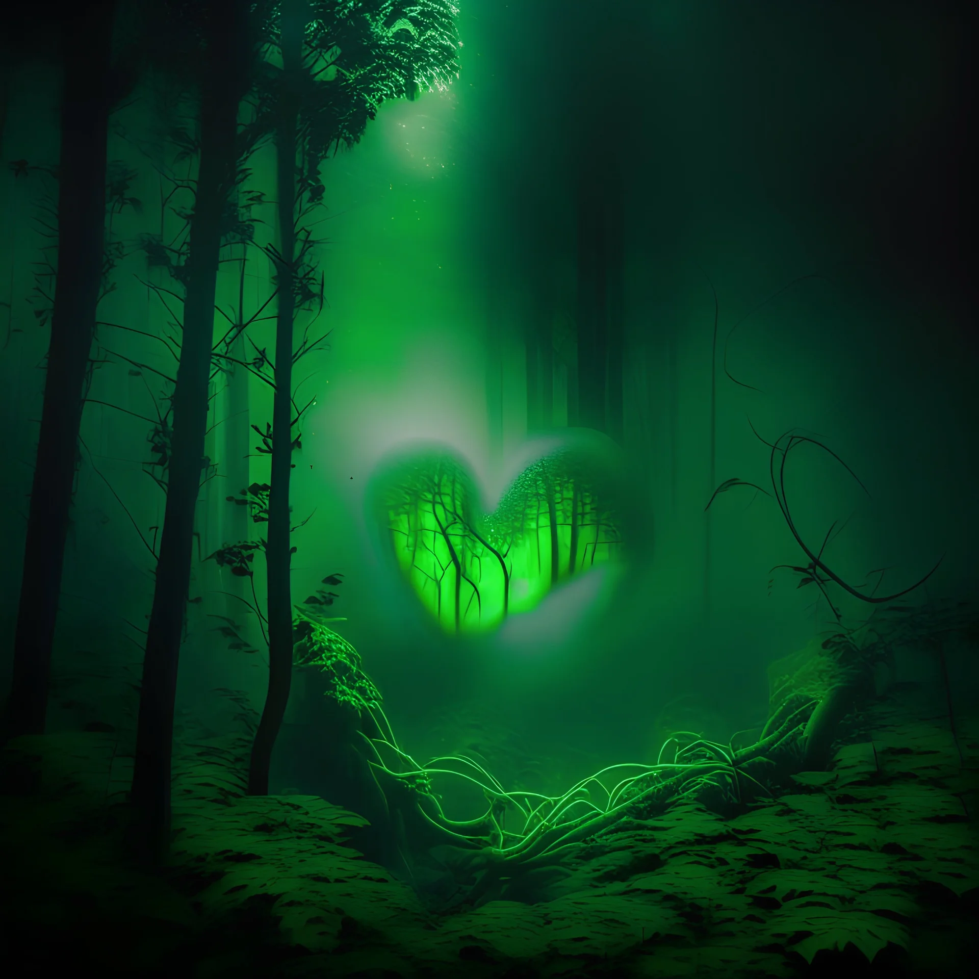 green fog in the forest at night with an electric heart