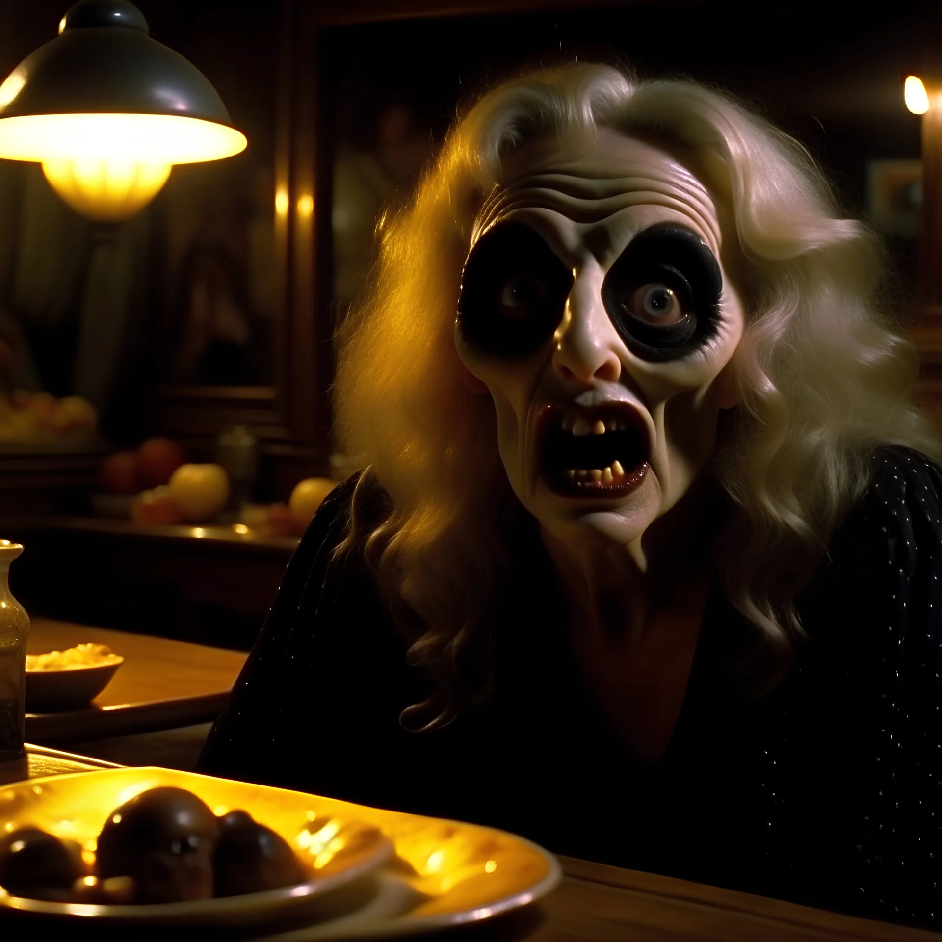 Spooky, ultra realistic distress, dining, ultra realistic hot woman, giant nose, organic hot bondes, dynamic, anguish, excited and lively scene, hypermaximalist figures, Creepy the Ring Alfred Hitchcock, Sam Raimi, insanely detailed, sinister, John Carpenter, Dario Argento, ornate