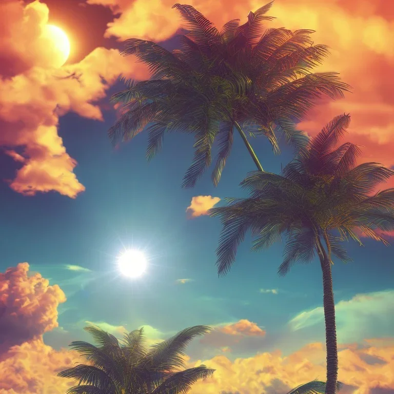 1980's vaporwave aesthetic palm trees with lightning with solar eclipse in the ocean waves sunset