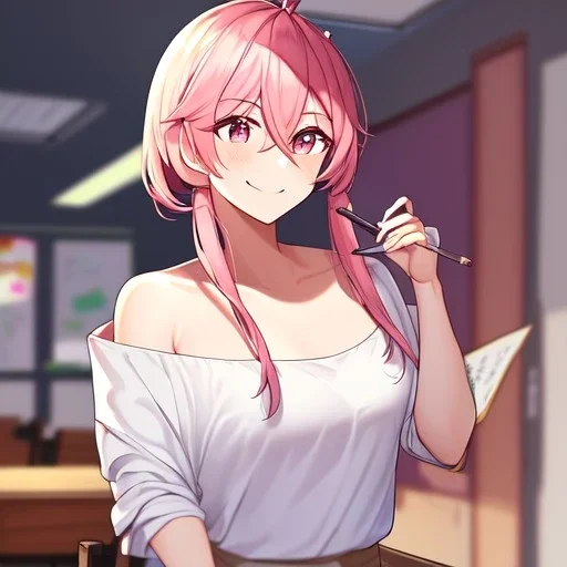 Clear focus, High resolution, a anime adult, cute, cartoony style, smiling, hair between eyes, holding a pencil, small forhead, female, medium length hair, long locks, lots of bangs, teacher, wearing a off shoulder shirt, no spaghetti straps, peach hair colour