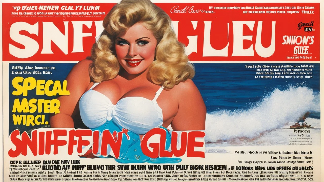 SNIFFIN’ GLUE magazine high res photo cover by Russ Meyer: special issue #42 on pull-up thick diapers, seen from bellow, guest star: blonde Sally has an idea for a business. She knows that there were incontinent women like herself with large busts out on the beach and she is missing adult ultra thick pull-up diapers with the matching bras. Her concept is to pair diaper designs with bra designs, specifically themed for outdoor wear.