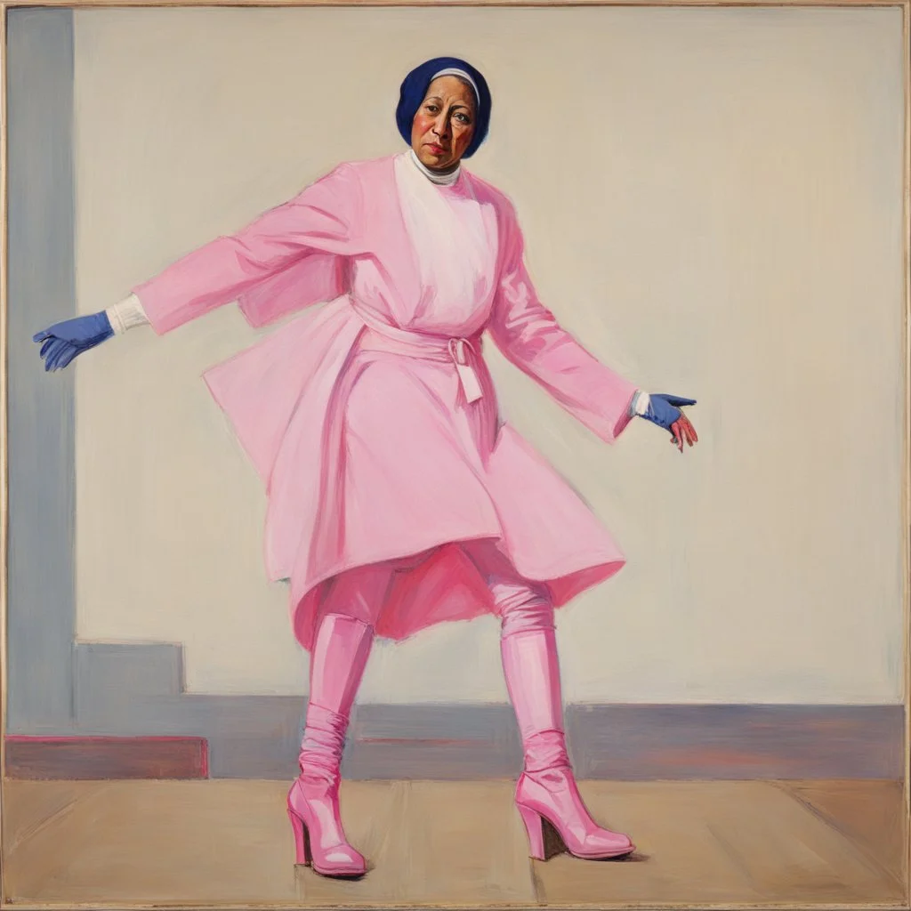 [Kupka] Mother Theresa in a pink battlesuit pink gloves and pink high heel boots. The Ministry of Silly Walks.