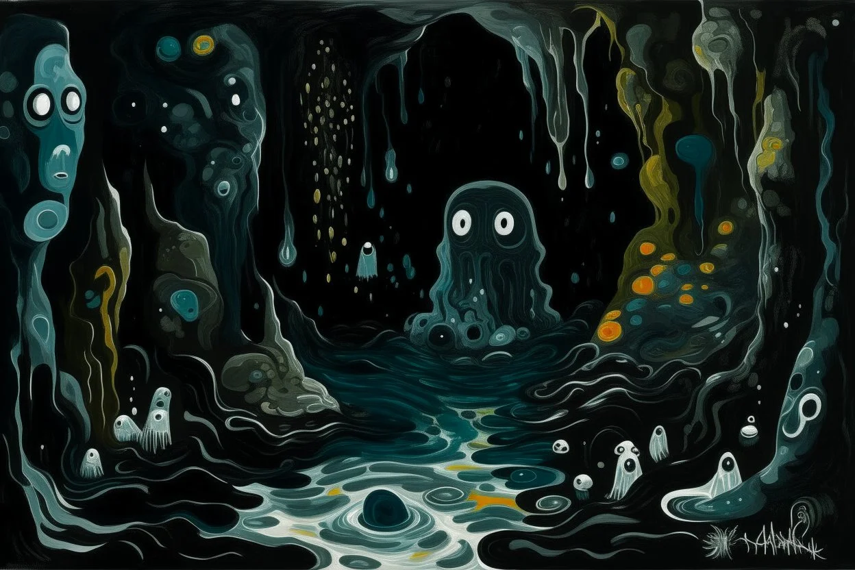 A black underwater abyss with shadow monsters designed in Ica stones painted by Edvard Munch