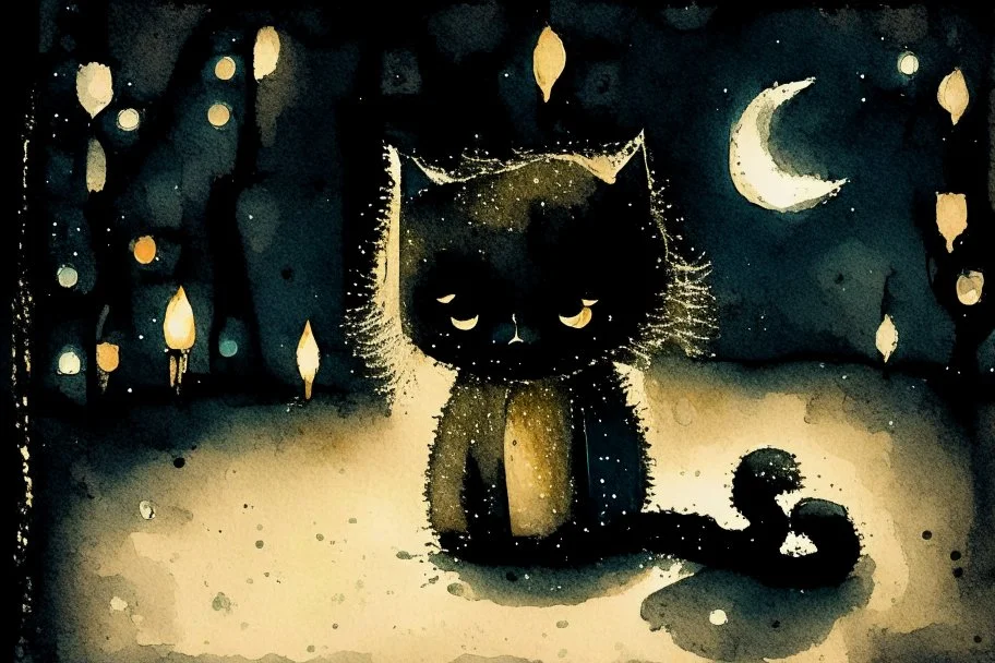 so much fluff, painted and burned burlap, moonlight, cute chibi kitten, styles of Paul Klee Dee Nickerson and Tim Burton, melting watercolor and black ink outlines on wet paper, soft, shading strokes, in candlelight, ethereal, otherwordly, cinematic postprocessing, bokeh, dof, S<AI