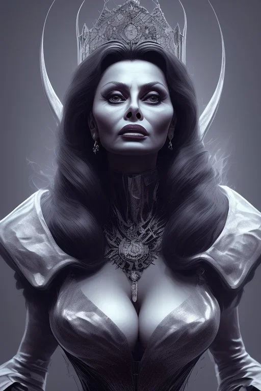 Sophia Loren as evil queen in black leather, cleavage, angry, stern look. character design by cory loftis, fenghua zhong, ryohei hase, ismail inceoglu and ruan jia. unreal engine 5, artistic lighting, highly detailed, photorealistic, fantasy