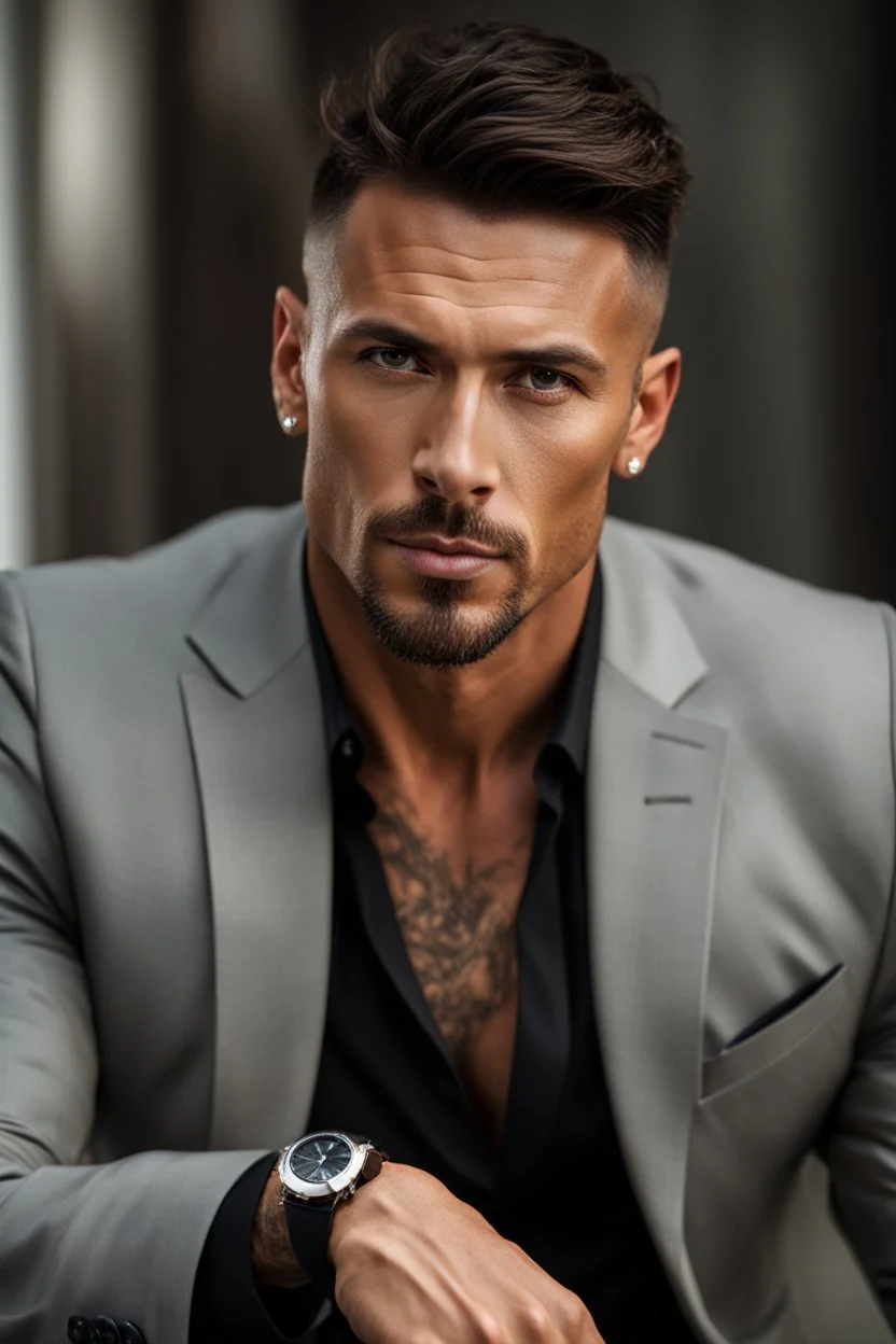 portrait of a 35 year old Handsome muscular male leader with lightly tanned skin and tattoos. Dark hair cut short and a goatee beard. wearing an armani suit. photorealistic