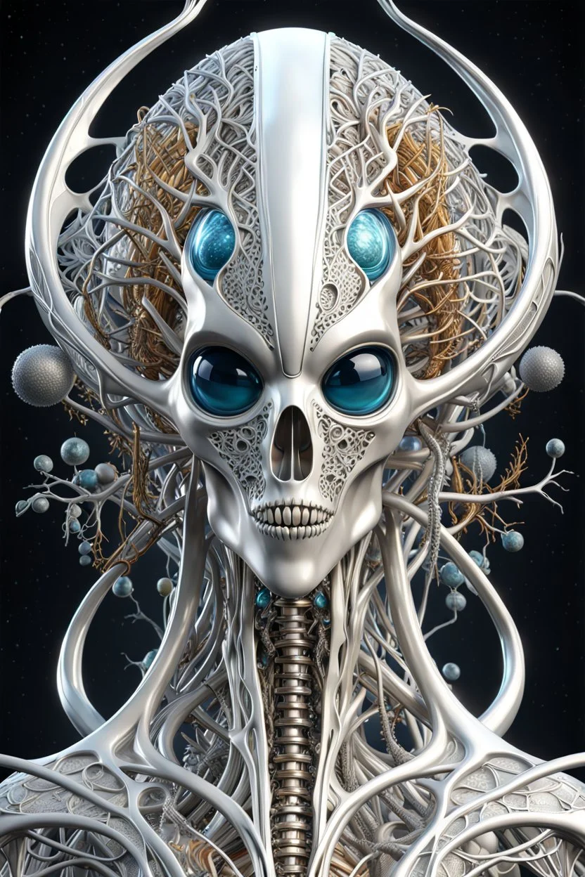 3D rendering of Expressively detailed and intricate of a hyperrealistic “alien anatomy”: front view, scientific, single object, glossy white, shinning silver , a lot of vines, tribalism, laboratory background, shamanism, cosmic fractals, octane render, 8k post-production, detailled metalic bones, dendritic, artstation: award-winning: professional portrait: atmospheric: commanding: fantastical: clarity: 16k: ultra quality: striking: brilliance: stunning colors: amazing depth