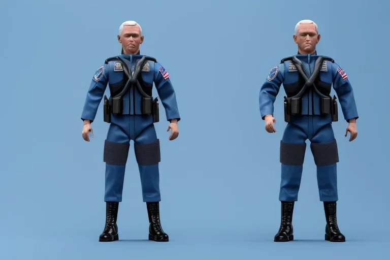 Mike Pence as G.I. Joe Doll toy With a gun space force Commander Blue fabric uniform, black boot in plastic packaging