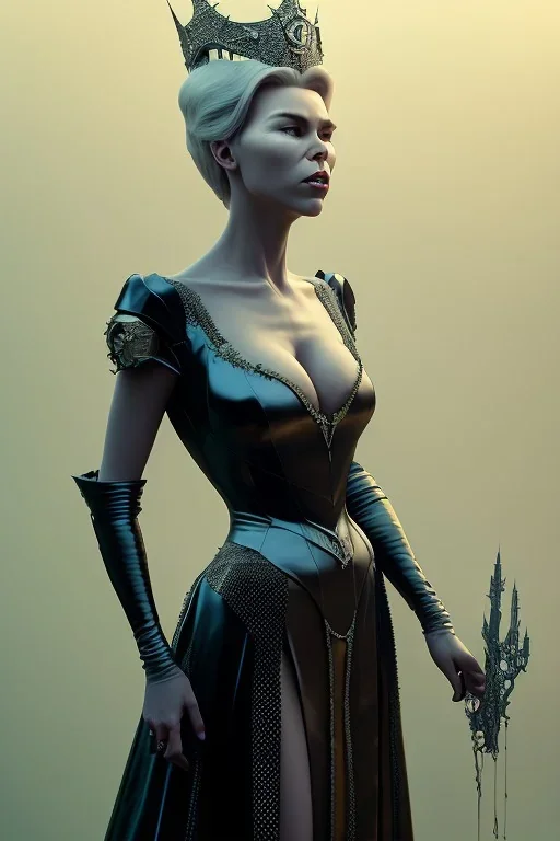 Hannah Waddingham as evil queen in black leather gown, busty, cleavage, voluptous, rebecca Welton, angry, stern look. character design by cory loftis, fenghua zhong, ryohei hase, ismail inceoglu and ruan jia. unreal engine 5, artistic lighting, highly detailed, photorealistic, fantasy